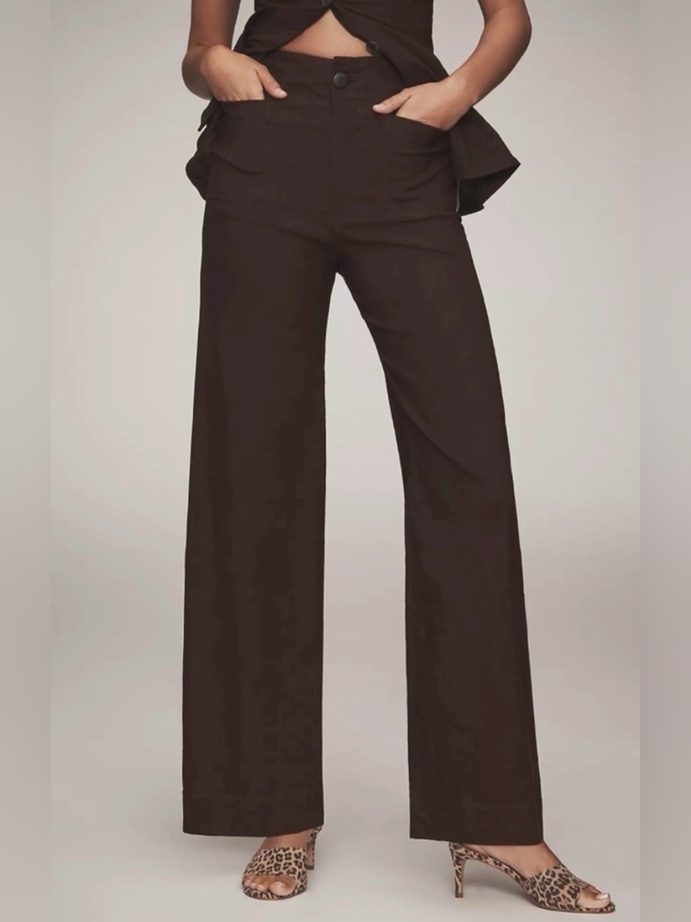 Anthropologie Maeve Colette Linen Stretch High-Rise Wide-Leg Brown Pants size 27